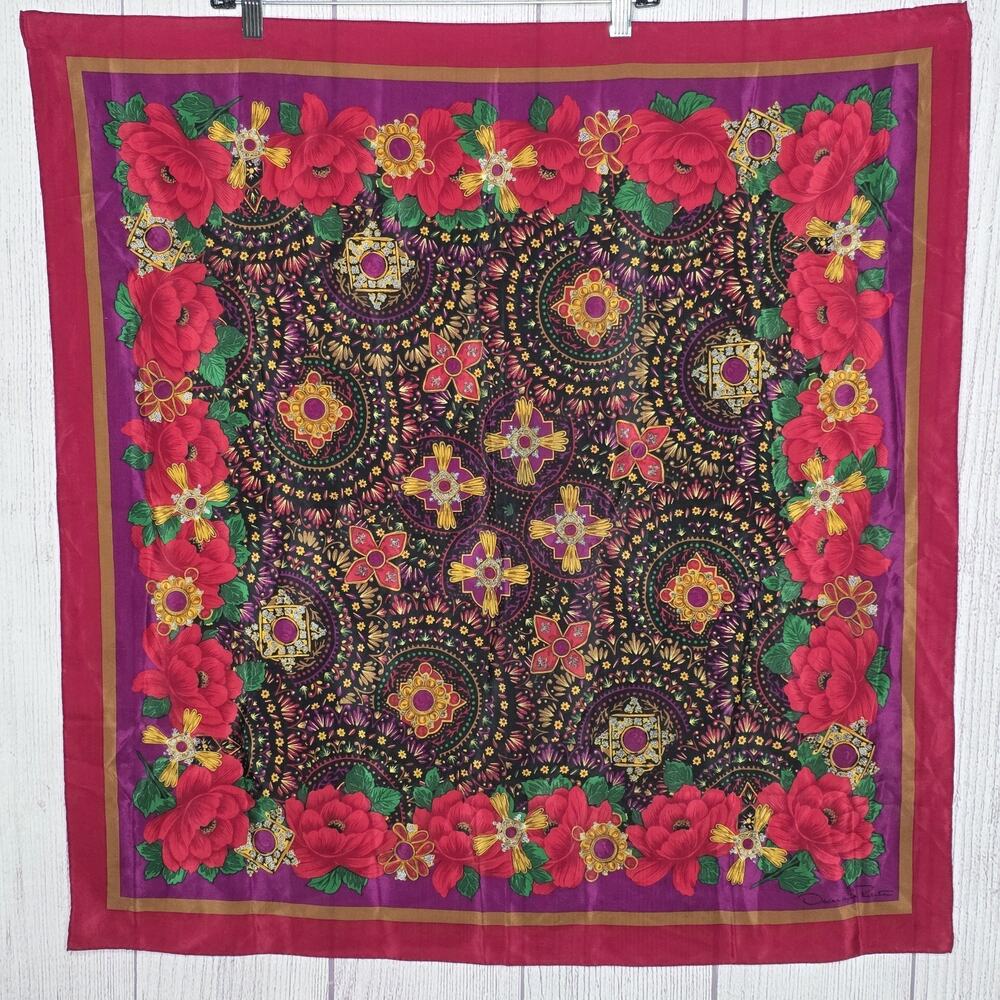 Vintage Oscar de la Renta Silk Scarf Floral Jewel Print Square 31x31